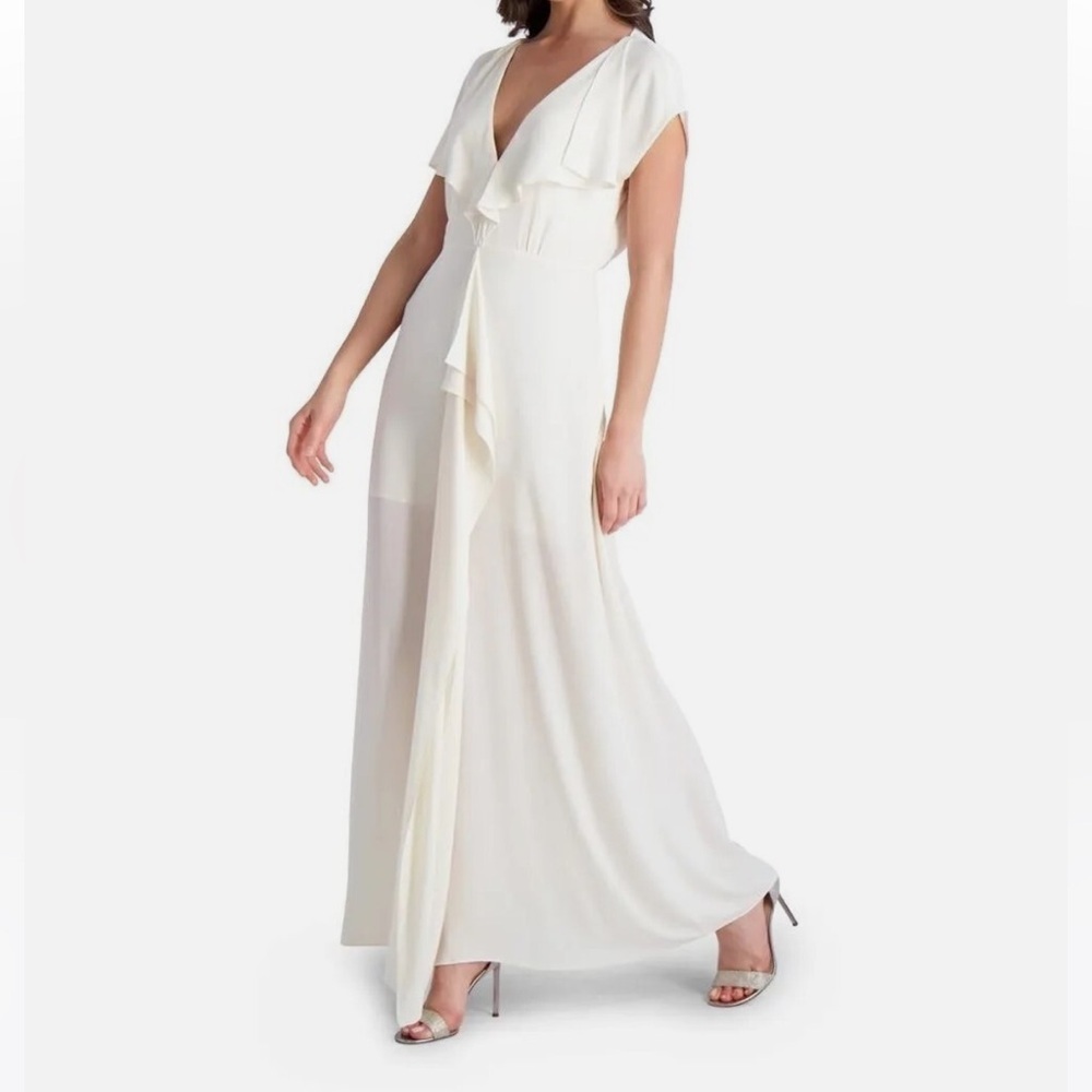 NWT BCBG Gardenia Cascade Ruffle Ivory Maxi Dress